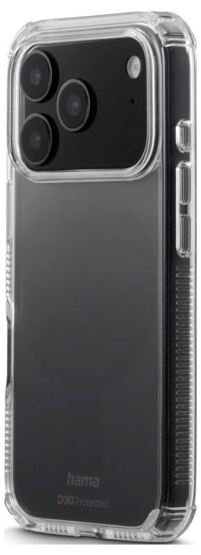 Eine transparente Handyhülle mit einem verstärkten schwarzen Kamerabereich, der drei Objektive umfasst und entwickelt wurde, um ein Smartphone zu schützen.