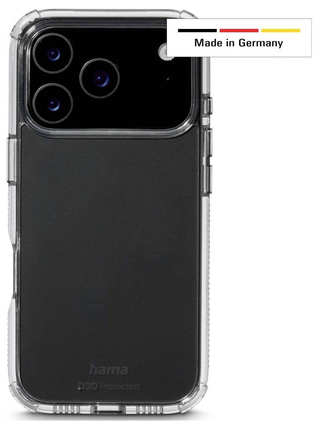 Eine transparente Handyhülle mit Dual-Kamera-Ausschnitt. Text 'Made in Germany' auf einem Etikett neben der Hülle.