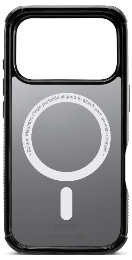 Eine Smartphone-Hülle mit einem integrierten magnetischen Kreis zur Ausrichtung des drahtlosen Ladevorgangs, in vertikaler Position mit dunkler Farbe und transparenter Rückseite.