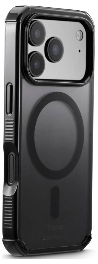 Ein schwarzes Smartphone-Gehäuse mit einem kreisförmigen MagSafe-Ladebereich, entwickelt für ein Gerät mit dreifachem Kameraaufbau und Aussparungen für Seitenknöpfe.