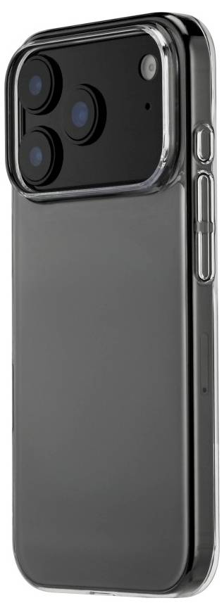 Ein schlankes, schwarzes Smartphone mit einer Triple-Objektiv-Rückkamera und seitlich angebrachter Lautstärkeregelung, von hinten und leicht nach rechts geneigt betrachtet.