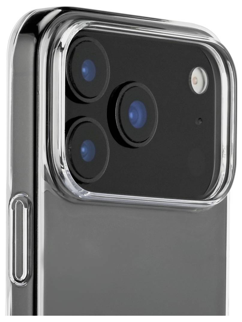 Nahaufnahme des rückseitigen Dreifach-Kamerasystems eines Smartphones mit Blitzlicht, eingeschlossen in einem transparenten Schutzgehäuse.