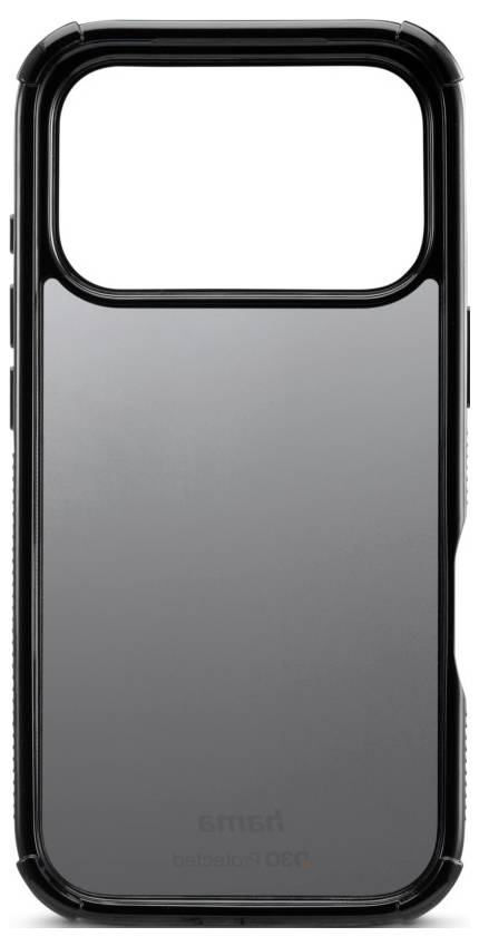 Eine schwarze Handyhülle mit einer durchgehenden Rückseite, die entwickelt wurde, um das Gerät zu schützen und dabei den Kamerabereich freilässt.