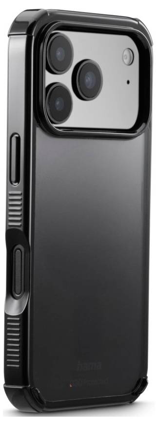 Ein schwarzes Smartphone in einer schlanken Schutzhülle, das drei Kameraobjektive und einen Blitz auf der Rückseite zeigt.