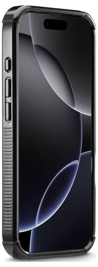 Ein schwarzes Smartphone in einem robusten Schutzgehäuse mit einem dunklen, abstrakten Hintergrund, der kreisförmige Formen auf dem Bildschirm zeigt.