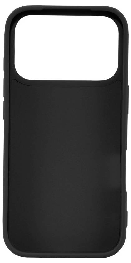 Eine schwarze Handyhülle mit einer rechteckigen Aussparung für die Kamera, entwickelt für ein modernes Smartphone-Modell.