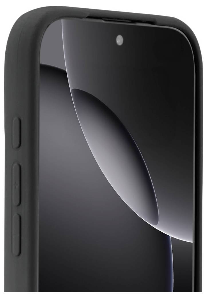 Eine Nahaufnahme der oberen linken Ecke eines Smartphones, die die Frontkamera und einen Teil des Bildschirms mit einem schwarz-weißen abstrakten Design zeigt.