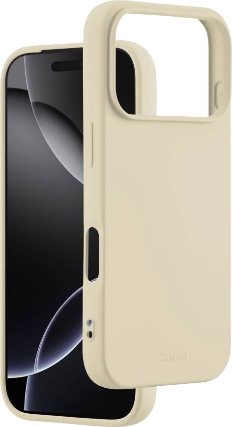 Ein beige Smartphone-Gehäuse mit einer Kameraabdeckung, daneben ein Telefon mit einem dunklen Bildschirm, auf dem abstrakte graue Formen zu sehen sind.