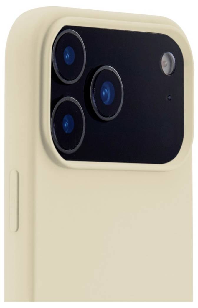 Eine Nahaufnahme eines Smartphones mit der rückwärtigen Dreifach-Kamera-Anordnung auf einem hellgefärbten Gehäuse.