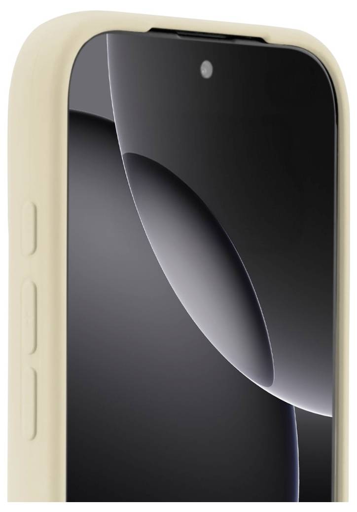 Ein Smartphone mit einer beigen Hülle, das einen Nahaufnahme seiner Vorderseite und Seitenknöpfe zeigt.