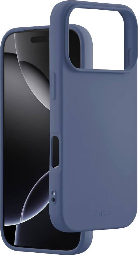 Ein blauer Handycase mit einem rechteckigen Kameradeckel wird neben einem Smartphone mit einem dunklen Display mit abstrakten geschwungenen Linien gezeigt.