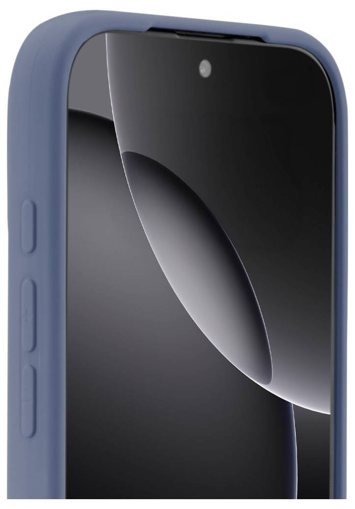 Ein Smartphone mit einem schwarzen Bildschirm ist in einer blauen Hülle eingeschlossen, mit seitlichen Tasten auf der linken Seite.