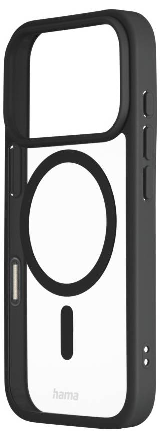 Ein schwarzes Handyhülle mit einer auffälligen kreisförmigen Magnetfläche und seitlichen Tasten, speziell für MagSafe-Kompatibilität entwickelt.