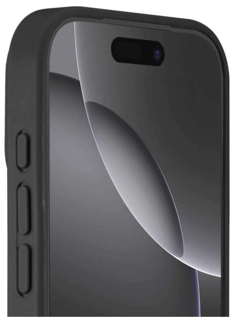 Eine Nahaufnahme des oberen Halses eines Smartphones in einem schwarzen Gehäuse, die einen Teil des Bildschirms und zwei Seitenknöpfe zeigt.