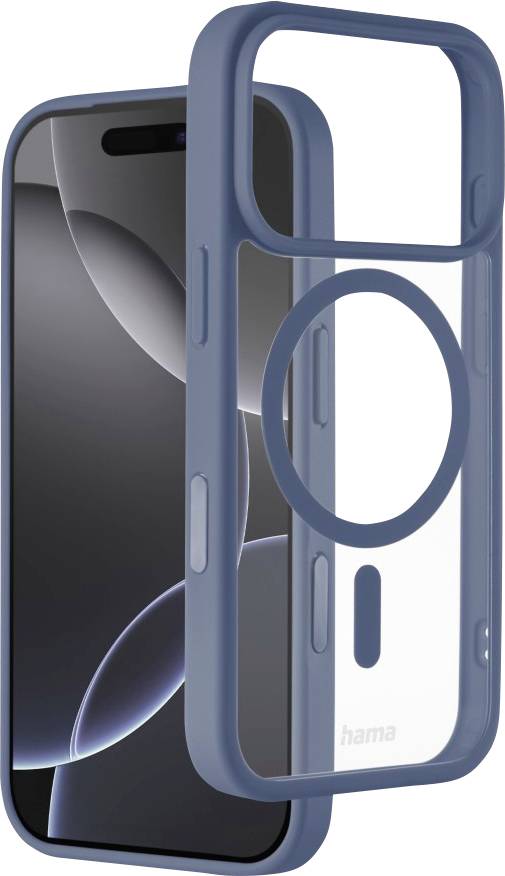 Ein Smartphone mit einer blauen Schutzhülle, die eine kreisförmige Aussparung für die Kamera und Seitenknöpfe aufweist. Der Telefonbildschirm zeigt abstrakte Formen.