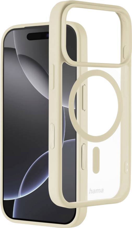 Ein Smartphone mit einem beigen Schutzgehäuse, das einen transparenten Rücken und ein kreisförmiges Designelement aufweist, das neben dem Telefon zur Präsentation gezeigt wird.