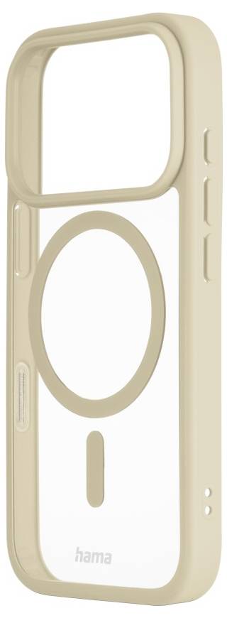 Eine beige Handyhülle mit transparenter Rückseite, ausgestattet mit einem kreisförmigen magnetischen Ring zur Ausrichtung und seitlichen Tastenabdeckungen.