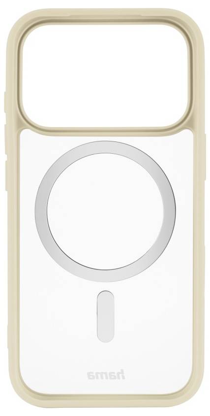 Eine beige Handyhülle mit einem MagSafe-kompatiblen Design, die einen großen zentralen Metallring und einen kleineren vertikalen Streifen darunter aufweist.