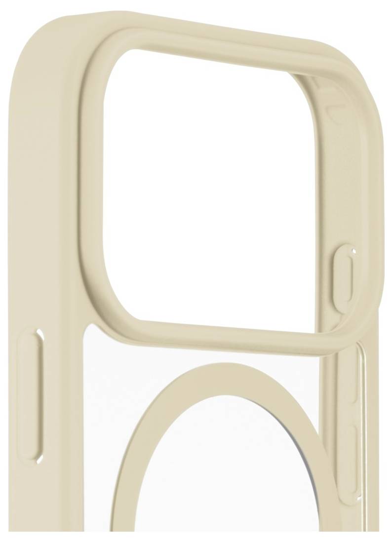 Beige Handyhülle mit großer Kameraausnehmung und sichtbarem Kreis auf der Rückseite, höchstwahrscheinlich für MagSafe-Kompatibilität.