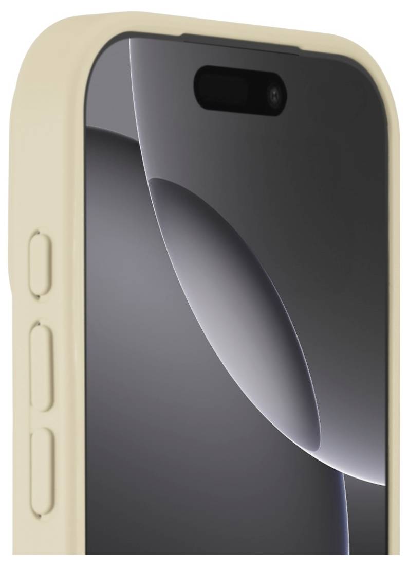 Ein Smartphone mit einer beigen Hülle, die teilweise die Seite bedeckt, mit einem Bildschirm, der eine schwarz-weiße abstrakte Tapete und eine Kameraaussparung zeigt.