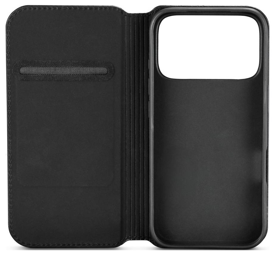 Eine schwarze, offene Smartphone-Hülle, die das Innere zeigt, mit einem Kartenfach auf der linken Seite und einem Telefonabschnitt auf der rechten Seite.