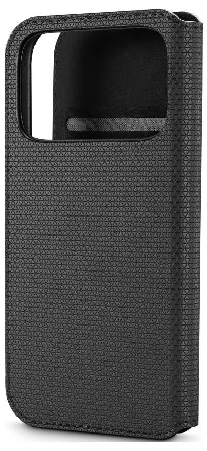 Eine strukturierte schwarze Handyhülle mit einer großen rechteckigen Aussparung für die Kamera und einem schlanken Profil, von der Seite betrachtet.