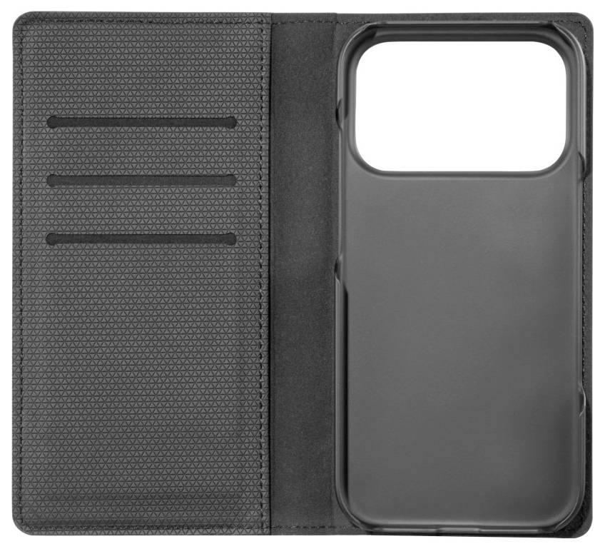 Eine schwarze Handy-Brieftasche mit Kartenfächern auf der linken und einem Handyfach auf der rechten Seite.