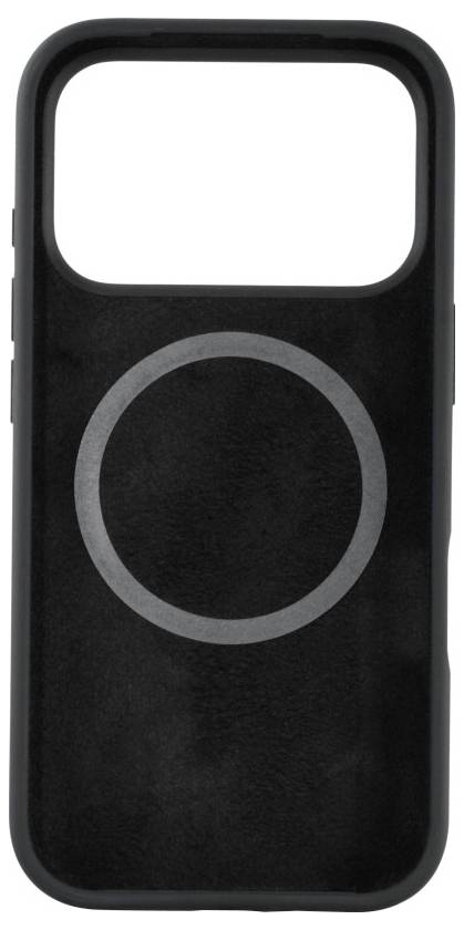 Eine schwarze Handyhülle mit einem sichtbaren kreisförmigen Umriss auf der Rückseite, der möglicherweise auf eine magnetische oder Ladefunktion hinweist.