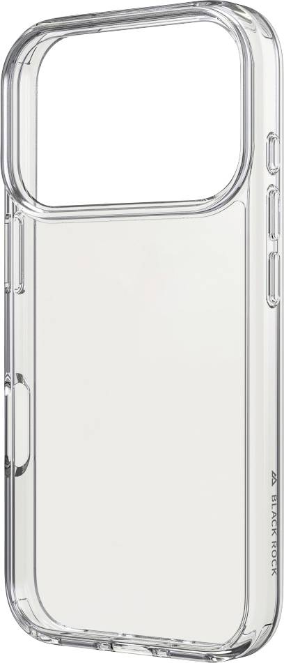 Eine klare, schützende Handyhülle mit präzisen Aussparungen für Tasten und Kamera und einem minimalistischen Design mit dem Markennamen 'BLACK ROCK'.