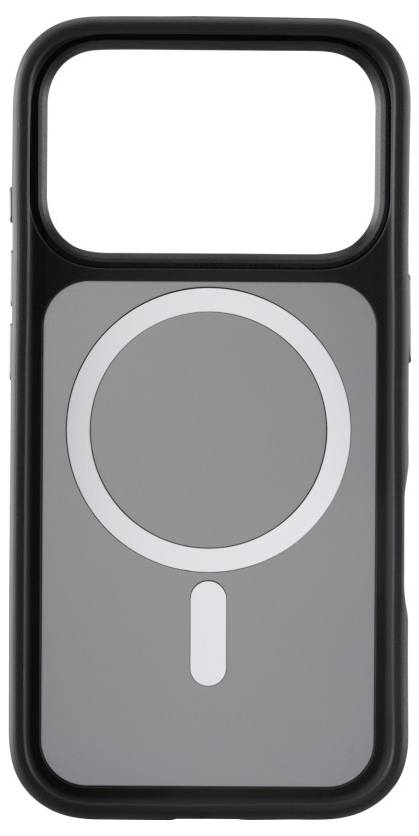 Eine schlanke, schwarze Handyhülle mit einem kreisförmigen MagSafe-kompatiblen Design auf der Rückseite, das einen grauen Mittelpunkt und ein weißes magnetisches Symbol aufweist.