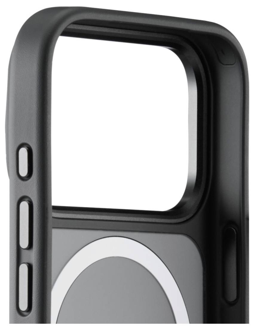 Eine Nahaufnahme einer schwarzen Telefonhülle an der Ecke mit einer rechteckigen Kameraausparung und einem kreisförmigen Designelement.