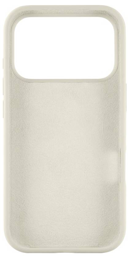 Ein beiger Smartphone-Etui liegt flach, wobei seine glatte Oberfläche und die Kameraaussparung an der Oberseite deutlich zu sehen sind. Geeignet zum Schutz des Geräts.