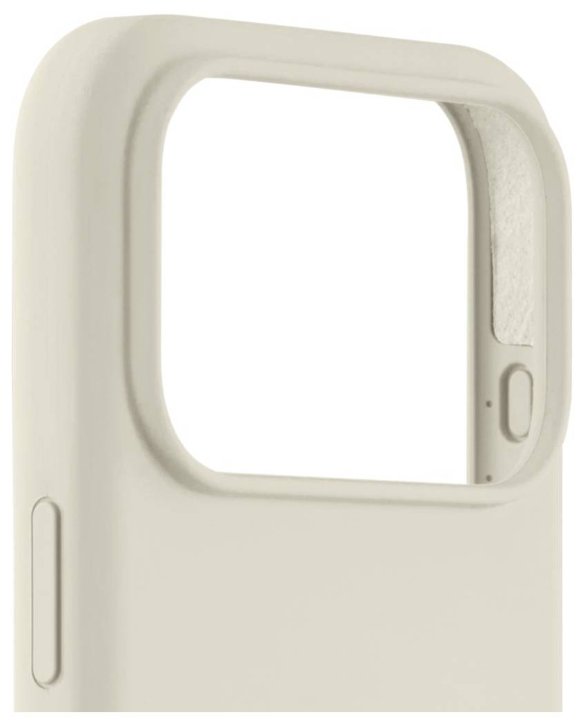 Beige Handyhülle mit MagSafe-Ausschnitt, seitliche Taste im Detail zu sehen.