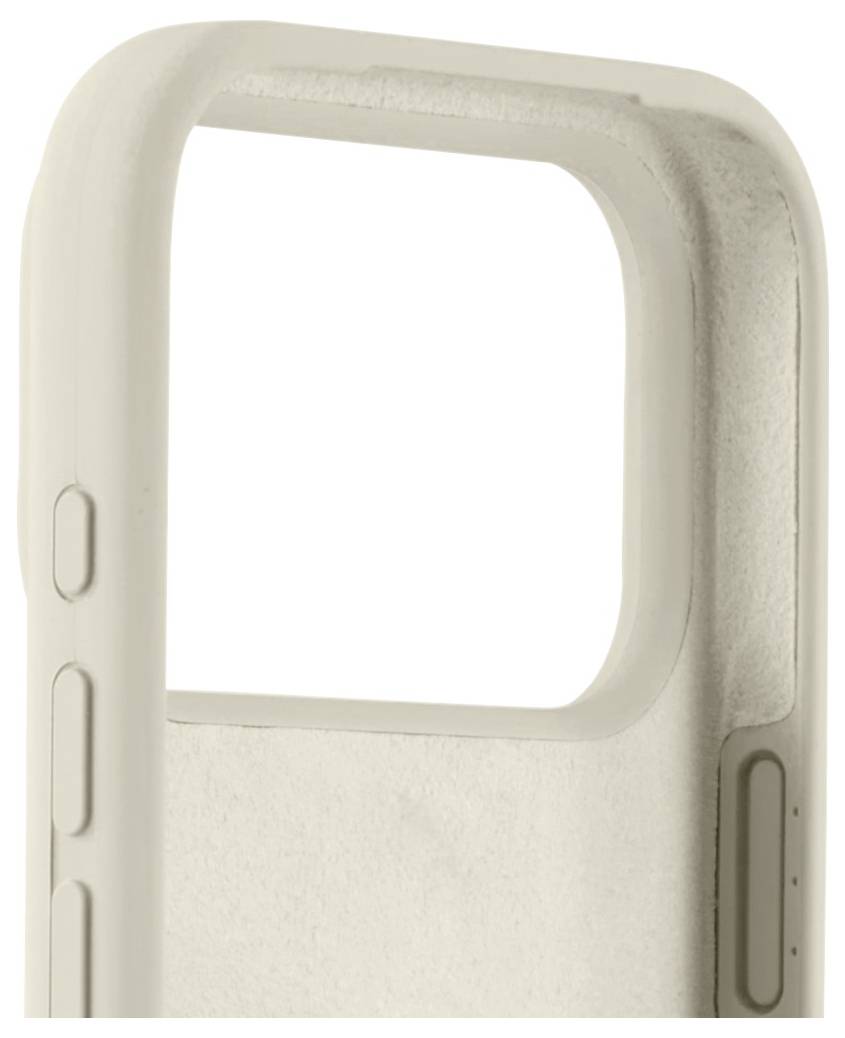 Eine Nahaufnahme einer beigen Smartphone-Hülle mit Aussparungen für Tasten und eine Kamera. Die Textur wirkt weich und leicht strukturiert.