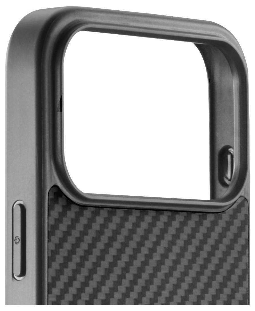 Handyhülle aus Carbonfaser-Textur mit rechteckiger Ausnehmung und Seitenknopf, geeignet für fortschrittlichen Kameraschutz.