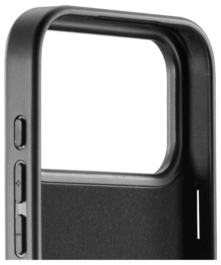 Eine Nahaufnahme einer schwarzen Handyhülle, die Seitenknöpfe und eine große Öffnung für die Kamera zeigt.