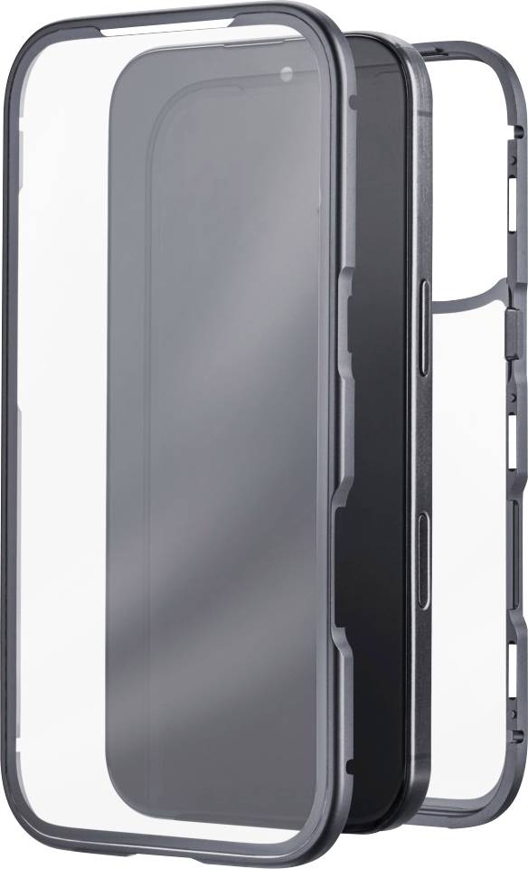 Eine zweiteilige magnetische Handyhülle mit transparenten Front- und Rückseiten, die ein schlankes Design mit Aussparungen für Seitenknöpfe zeigt.