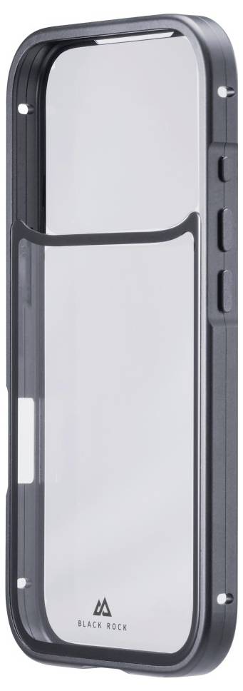 Eine elegante schwarze Handyhülle mit abgerundeten Kanten und einer reflektierenden Rückseite, mit dem 'Black Rock' Logo am unteren Rand.