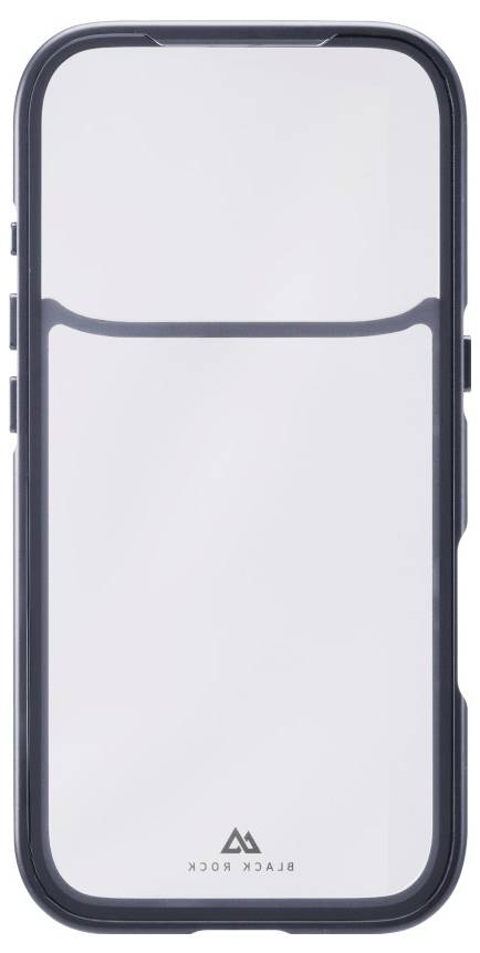 Ein reflektierendes, rechteckiges Objekt mit einem schwarzen Rand und einem Logo in der Mitte unten, das einem Smartphone- oder elektronischen Gerätedisplay ähnelt.