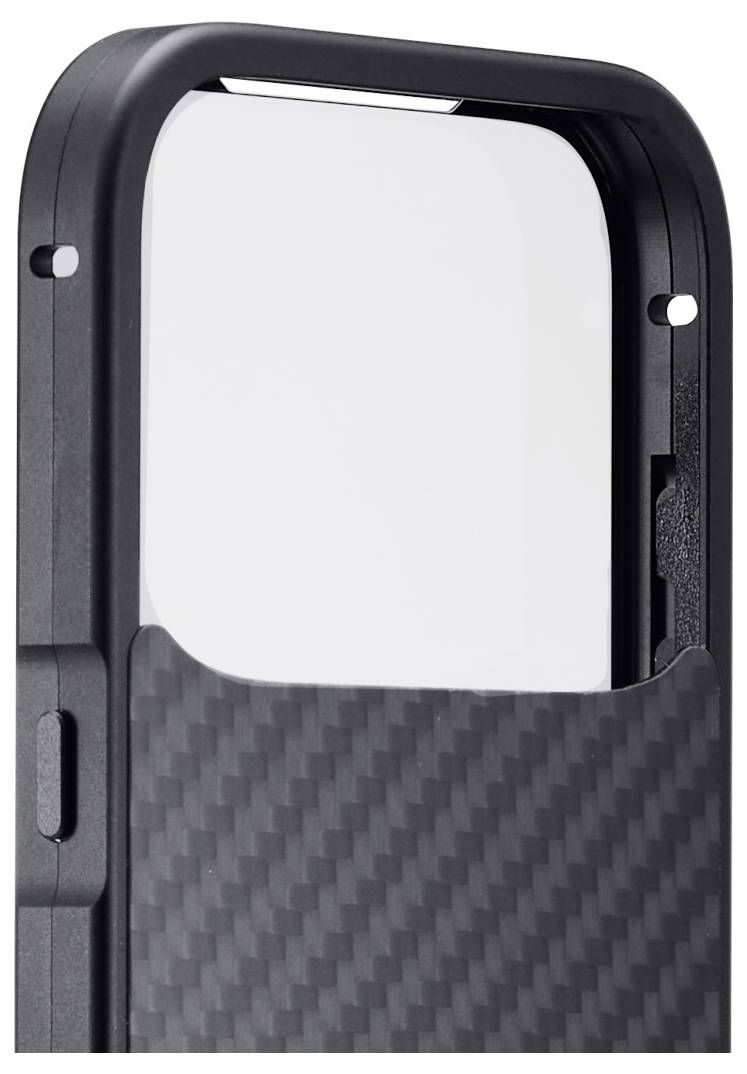 Schwarze Handyhülle aus Kohlefaser mit rechteckiger Aussparung für die Kamera und Tasten an der Seite, die ein schlankes und robustes Design zeigt.