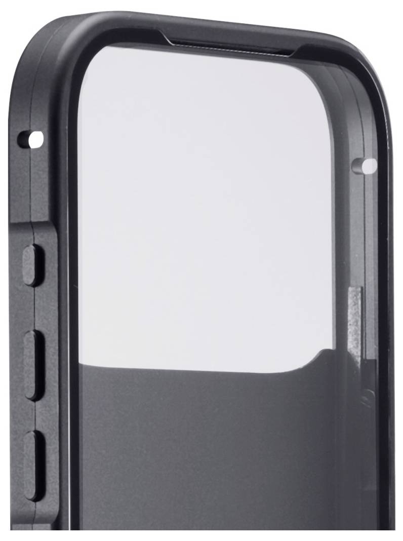 Nahaufnahme einer schwarzen Schutzschale für ein Smartphone, die Ausschnitte an den Ecken für Tasten zeigt und einen glatten, matten Finish im Inneren des Gehäuses aufweist.