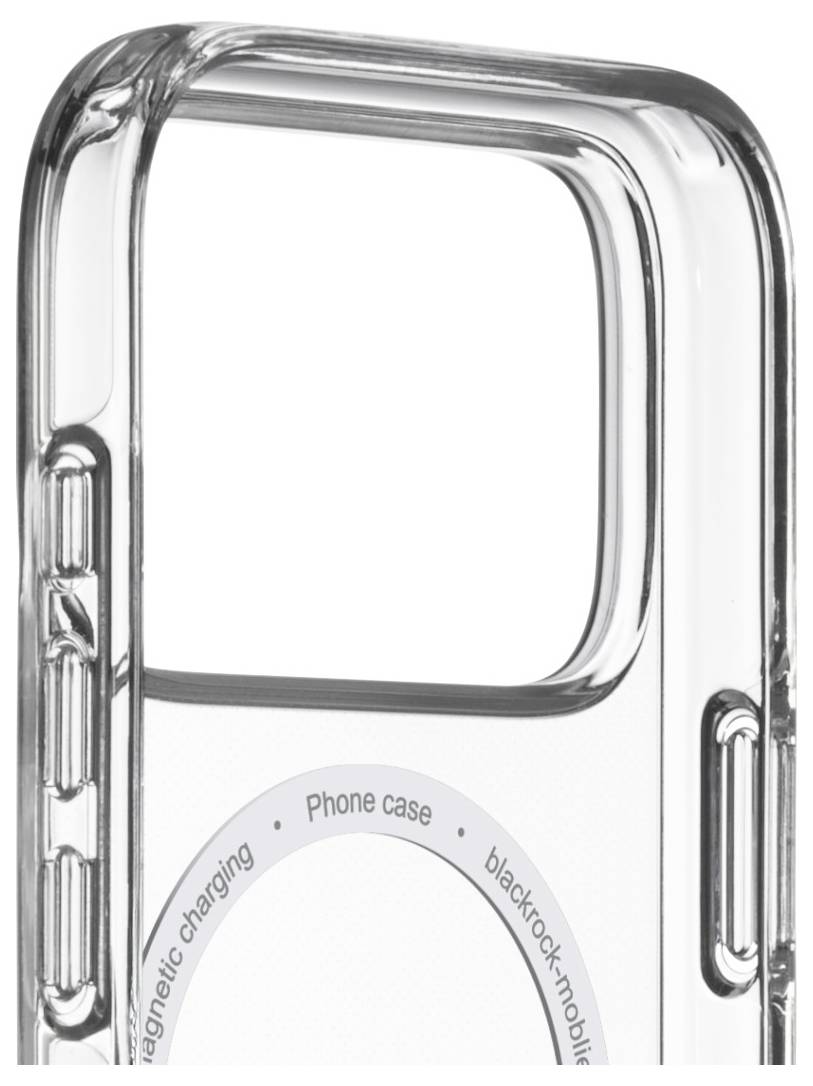 Eine durchsichtige Handyhülle mit einer Öffnung für die Kamera und den Aufdrucken 'magnetisches Laden', 'Handyhülle', 'blackrock-mobile'