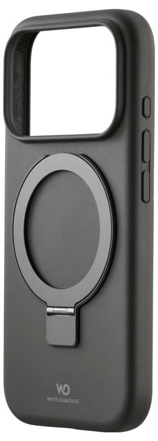 Eine schwarze Handyhülle mit einem großen rechteckigen Kameraausschnitt und einem runden Ringständer auf der Rückseite, mit der Markenbezeichnung 