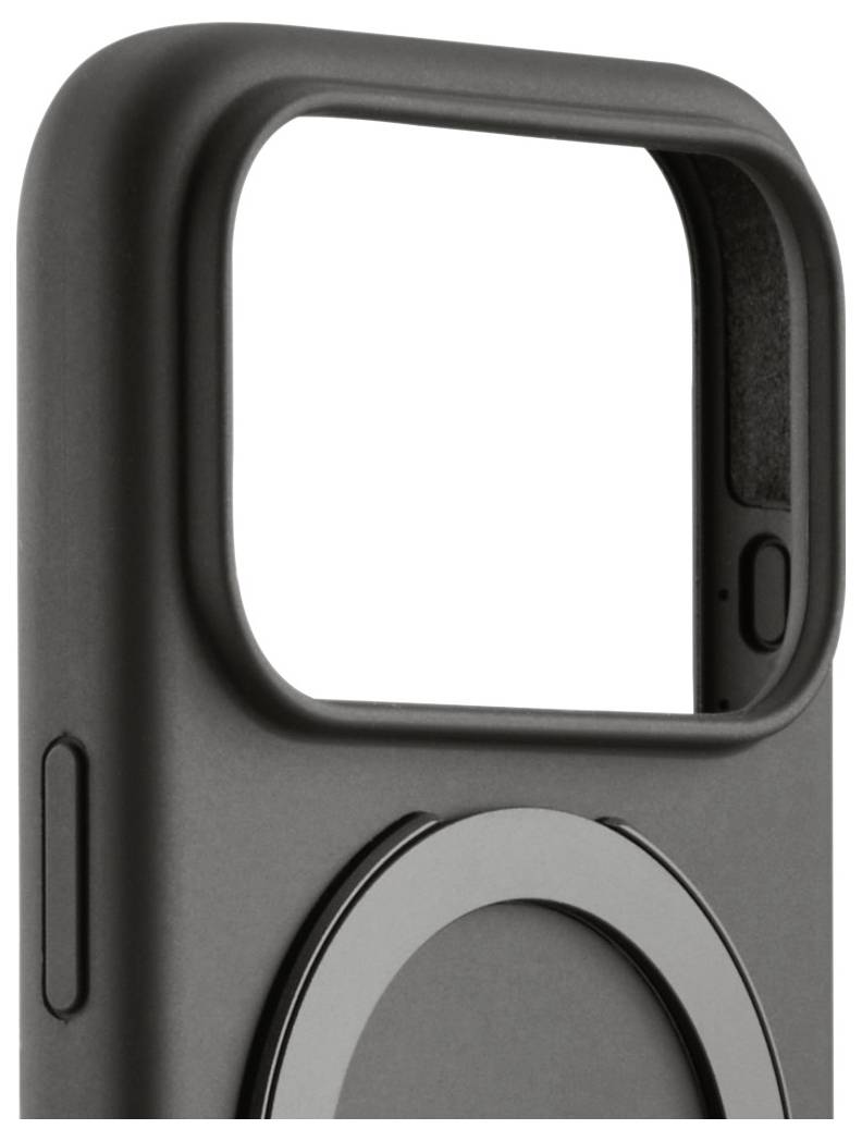 Ein schwarzes Handyhülle mit einem kreisförmigen magnetischen Befestigungsbereich, mit einer Kameraausparung und Zugang zu den Seitentasten für einfache Bedienung.