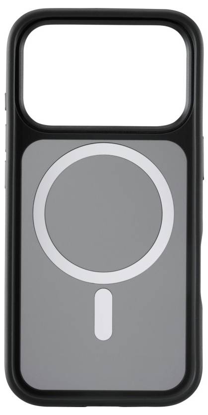 Ein schlankes, schwarzes Smartphone-Gehäuse mit einem großen kreisförmigen MagSafe-Ring auf der Rückseite, entwickelt für einfache Befestigung und Laden.