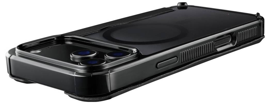 Smartphone in einem eleganten, schwarzen Schutzgehäuse mit sichtbaren Kameraobjektiven auf der Rückseite, flach auf einer Oberfläche liegend.