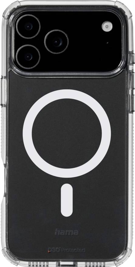 Transparente Handyhülle mit schwarzer Rückseite, mit weißem kreisförmigem Magnetmuster und Ausschnitt für eine Dual-Kamera.