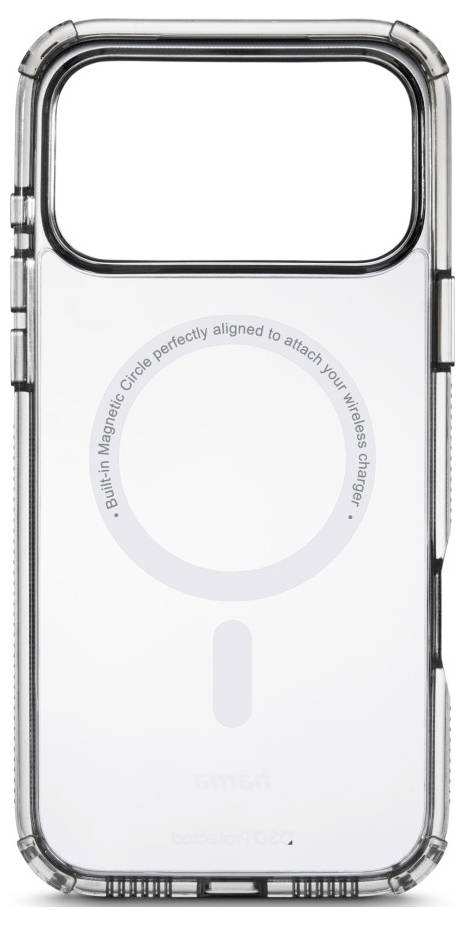 Eine durchsichtige Smartphone-Hülle mit integriertem magnetischem Kreis für drahtloses Laden; mit dem Aufdruck ‚Perfekt ausgerichtet, um Ihr drahtloses Ladegerät anzubringen'.