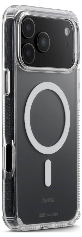 Ein Smartphone in einem durchsichtigen, schützenden Gehäuse, das von hinten betrachtet wird, mit einem kreisförmigen Design auf der Rückseite.