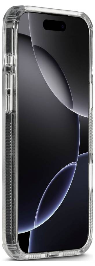 Ein Smartphone in einer durchsichtigen, schützenden Hülle ist zu sehen, das einen dunklen Bildschirm mit abstrakten Licht- und Schattenmustern zeigt.